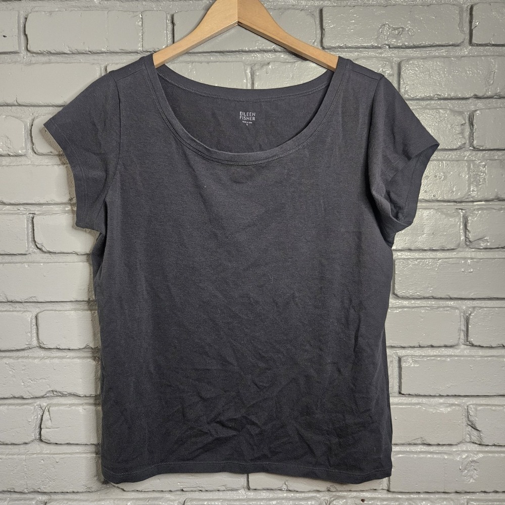 Eileen Fisher Womens Top Large Grey Organic Cotton USA Short Sleeve T Shirt - Picture 2 of 13